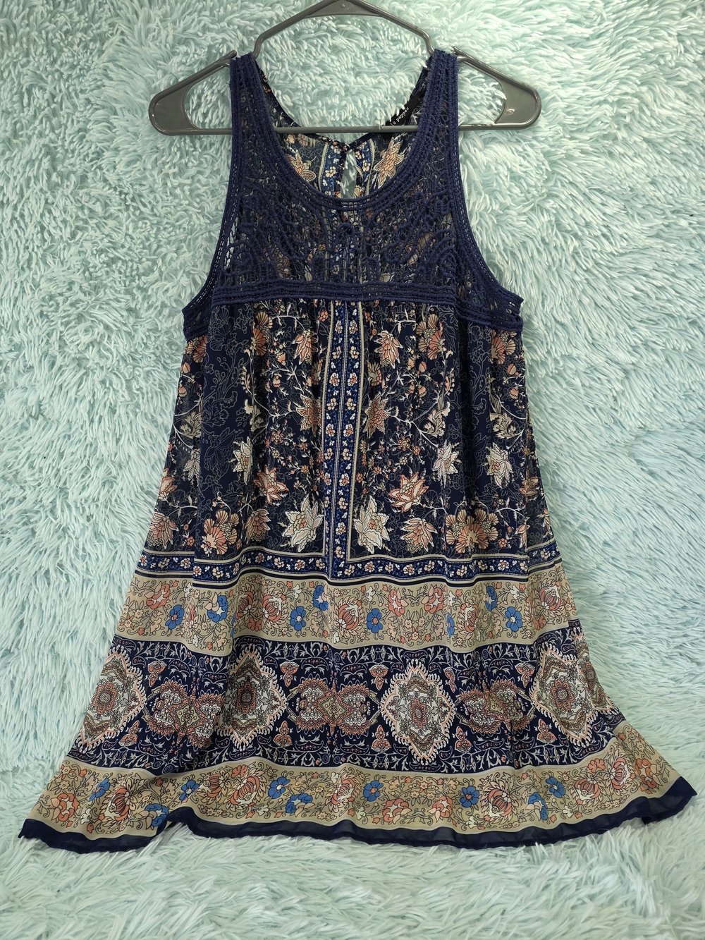 Blu Pepper Navy Floral Boho Mini Dress Crochet Yoke Size M